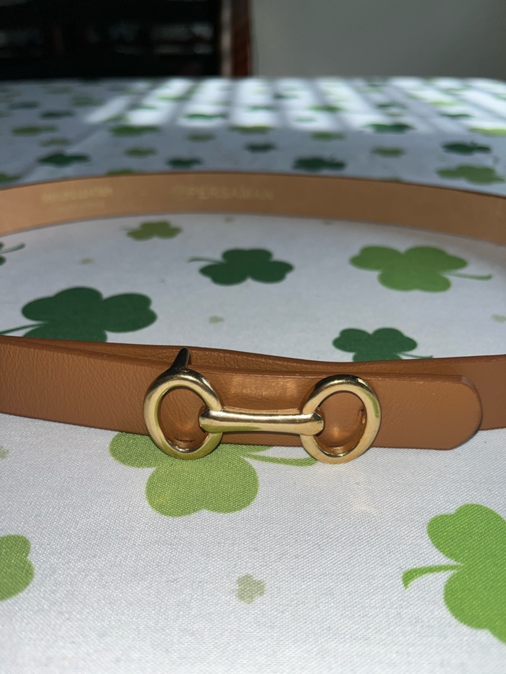 Persaman Leather Horsebit Skinny Belt in Tan with Gold Hardware